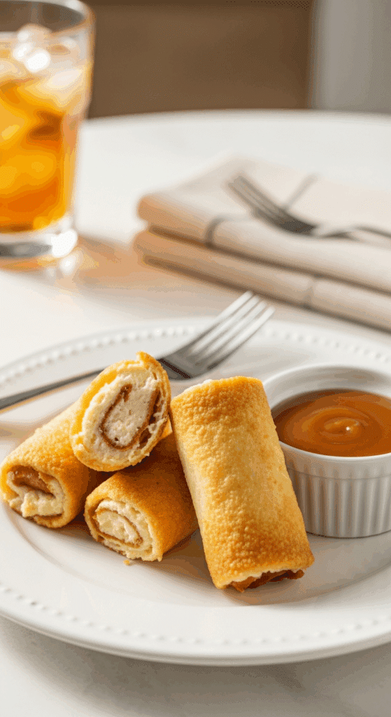 Plated Peach Cheesecake Rolls served with a side of caramel dipping sauce and a fork, ready to eat.