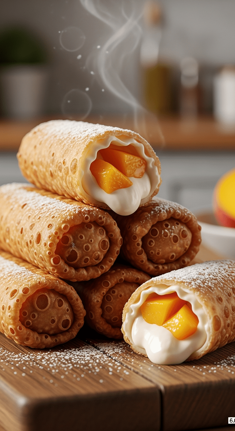 Stack of crispy fried Peach Cheesecake Rolls dusted with powdered sugar on a wooden board, with one broken open to show the creamy peach filling.