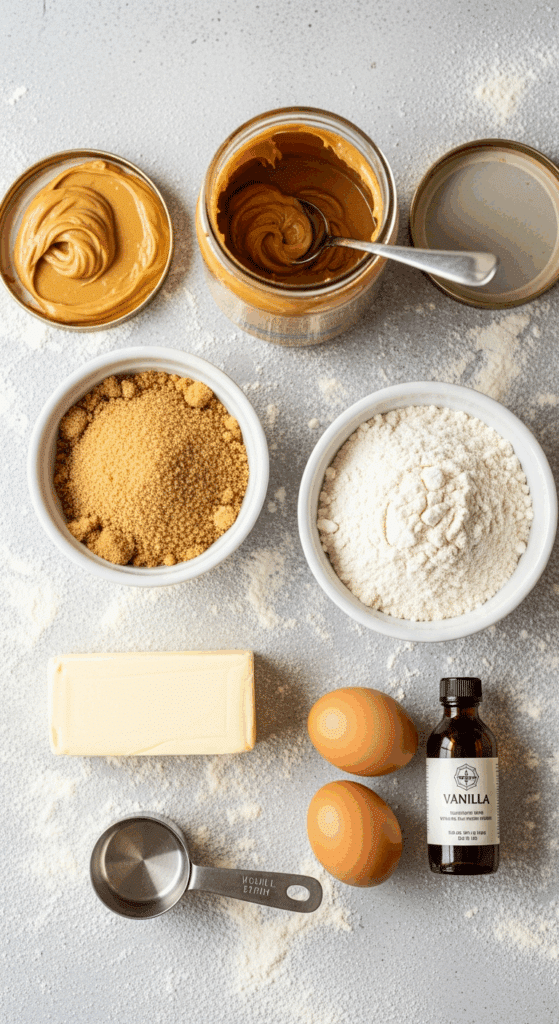 Overhead view of ingredients for peanut butter cookie bars: jar of peanut butter, brown sugar, butter, flour, eggs, and vanilla arranged on a counter.