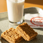 Two peanut butter cookie bars served on a retro cafeteria tray with a glass of milk, bathed in warm afternoon sunlight.