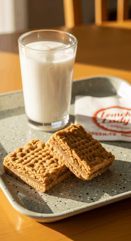 Two peanut butter cookie bars served on a retro cafeteria tray with a glass of milk, bathed in warm afternoon sunlight.