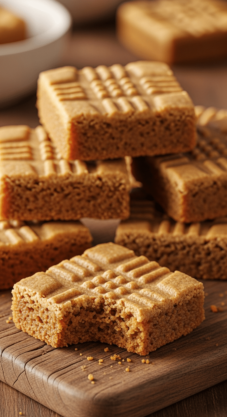 Stack of thick, golden-brown peanut butter cookie bars with fork cross-hatch patterns on top; one bar has a bite showing the soft, dense interior.