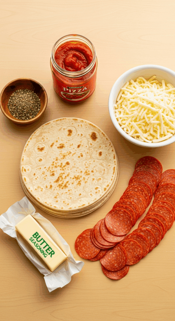 Ingredients for pizza quesadillas: tortillas, mozzarella, pepperoni, and pizza sauce.