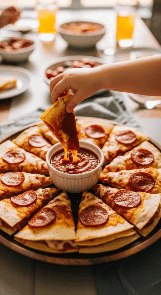 Hand dipping a crispy pepperoni quesadilla wedge into tomato sauce.
