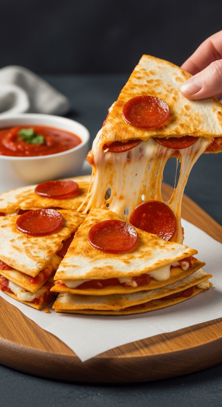 Stack of pepperoni pizza quesadillas with a stringy mozzarella cheese pull and marinara dipping sauce.