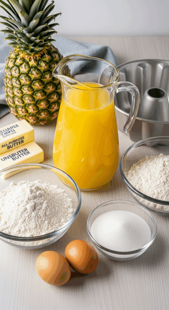 Ingredients for pineapple juice cake: pineapple juice, flour, sugar, butter, eggs, and a fresh pineapple on a wooden table.