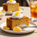 Slice of pineapple juice cake with whipped cream on a plate on a sunny patio table.