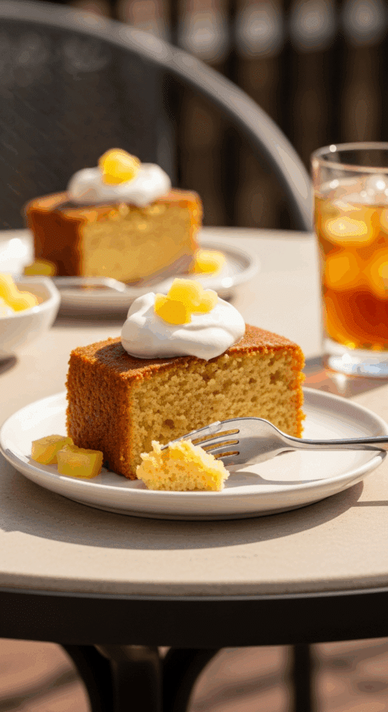 Slice of pineapple juice cake with whipped cream on a plate on a sunny patio table.