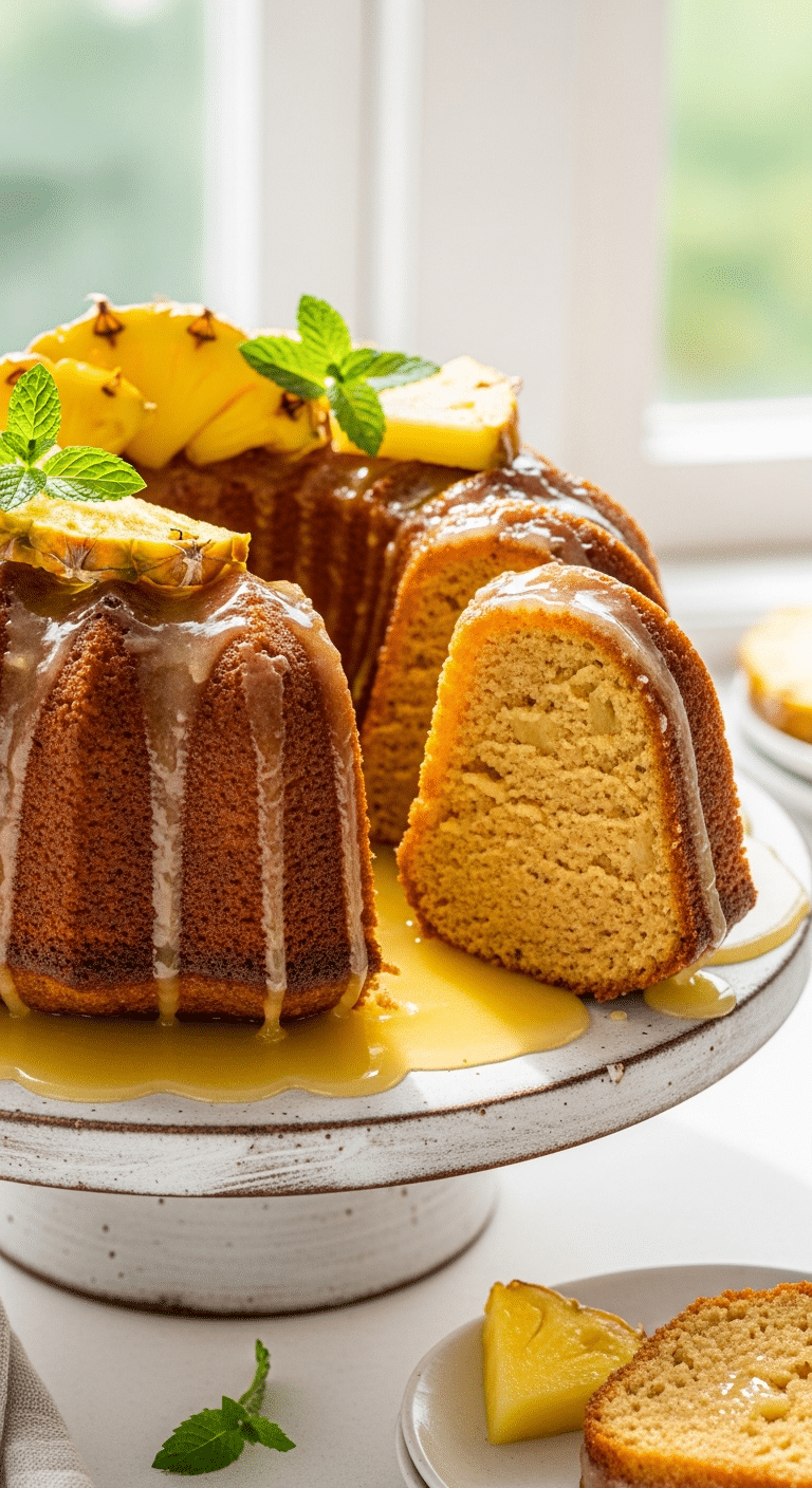 Golden Bundt cake covered in shiny pineapple glaze with a slice cut showing the moist interior.