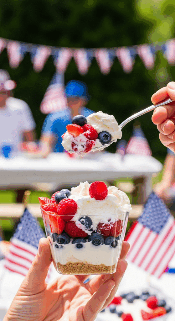 Hand holding a serving cup of patriotic cheesecake salad at a summer backyard party.