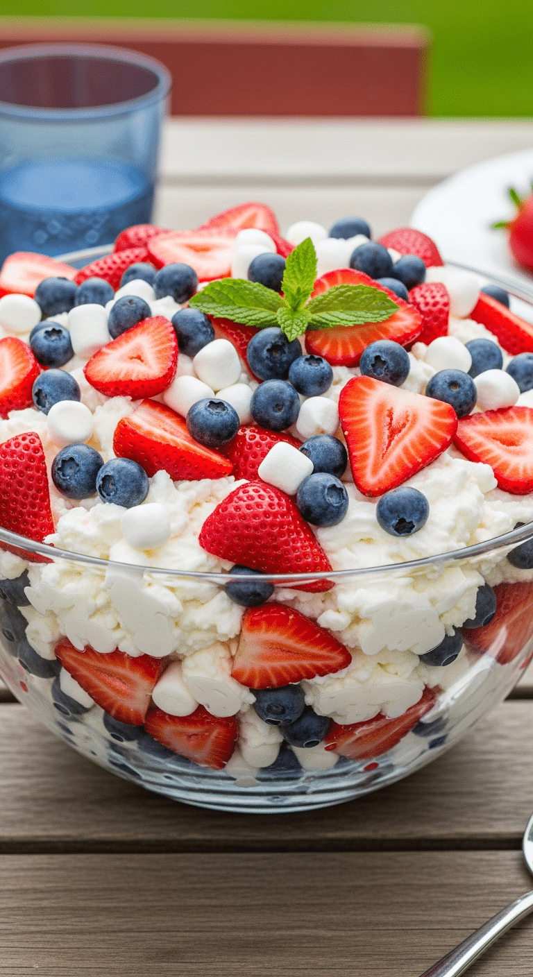 Large glass bowl of fluffy red, white, and blue cheesecake salad with fresh berries and marshmallows on a picnic table.