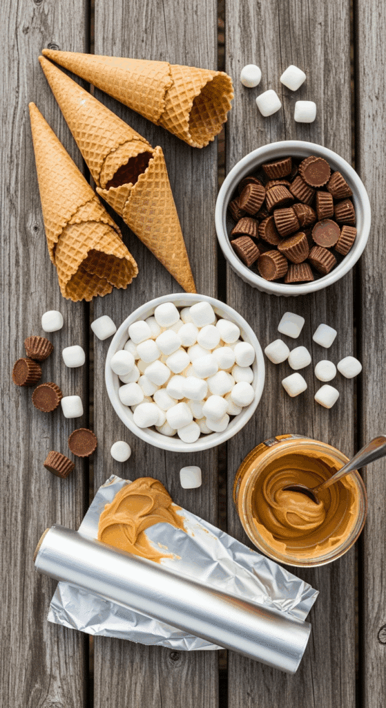 Ingredients for Reese's Campfire Cones: waffle cones, Reese's cups, marshmallows, peanut butter, and foil on a picnic table.