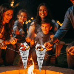 People holding foil-wrapped cones over a firepit while another person unwraps a finished cone.
