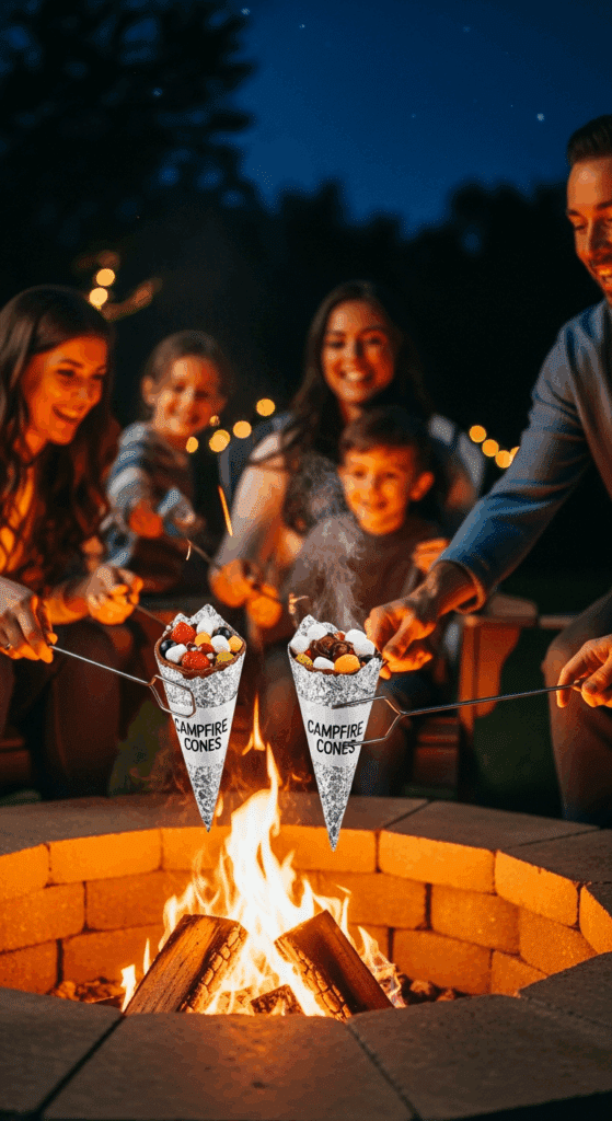 People holding foil-wrapped cones over a firepit while another person unwraps a finished cone.