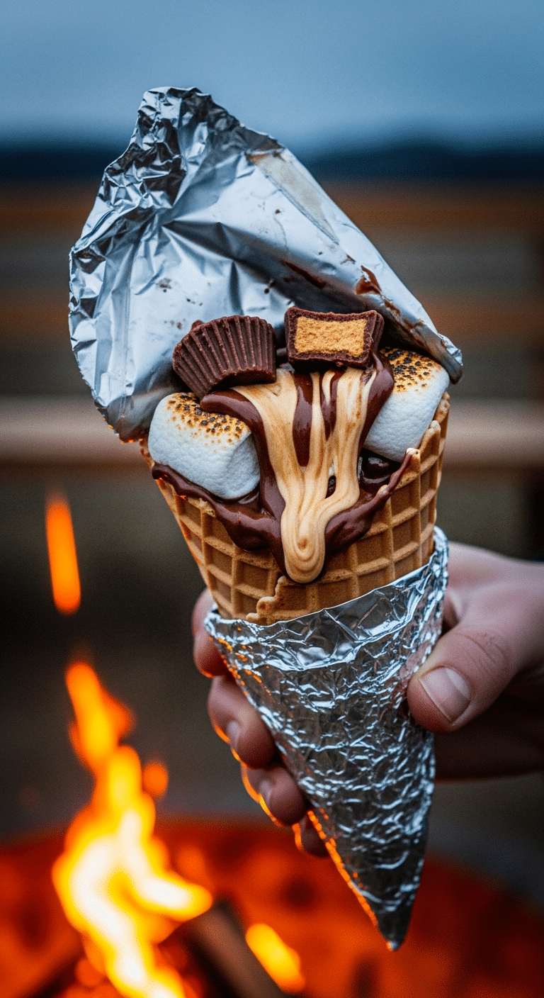 A hand holding a melted Reese's campfire cone with marshmallows and chocolate oozing out near a campfire.