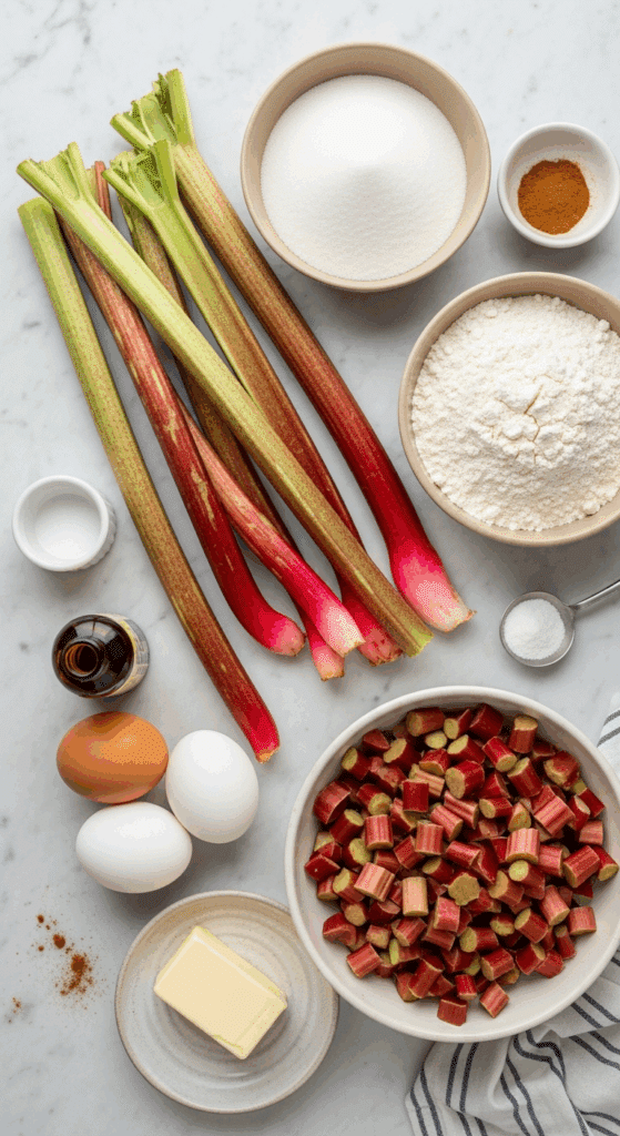 Overhead view of ingredients for rhubarb bread: fresh rhubarb stalks and chopped pieces, flour, sugar, butter, eggs, and spices on a marble surface.