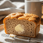 A slice of warm rhubarb bread with melting butter served on a plate next to a mug of tea in a cozy, sunlit setting.
