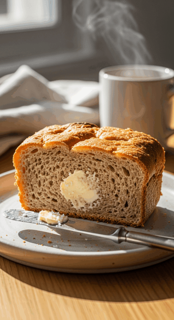 A slice of warm rhubarb bread with melting butter served on a plate next to a mug of tea in a cozy, sunlit setting.