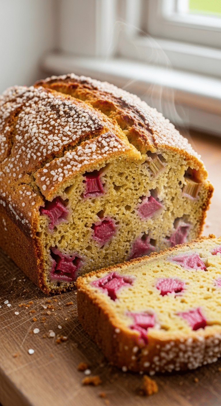 A rustic loaf of golden-brown rhubarb bread on a wooden board, with a thick slice cut to show the moist interior filled with pink rhubarb pieces.