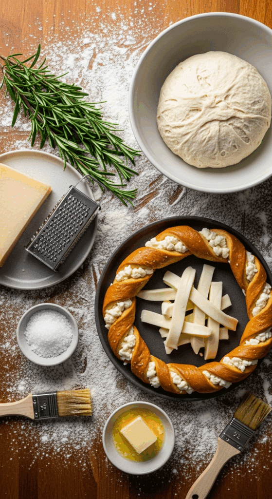 Ingredients for rosemary parmesan pretzels arranged on a wooden surface, including dough, fresh rosemary, parmesan, mozzarella sticks, and sea salt.