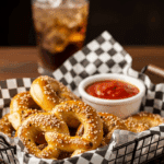 A basket of warm stuffed pretzels served with a side of marinara sauce for dipping, set in a casual dining atmosphere.