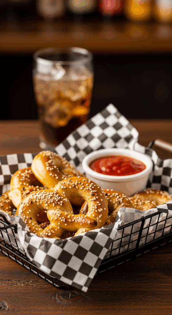 A basket of warm stuffed pretzels served with a side of marinara sauce for dipping, set in a casual dining atmosphere.