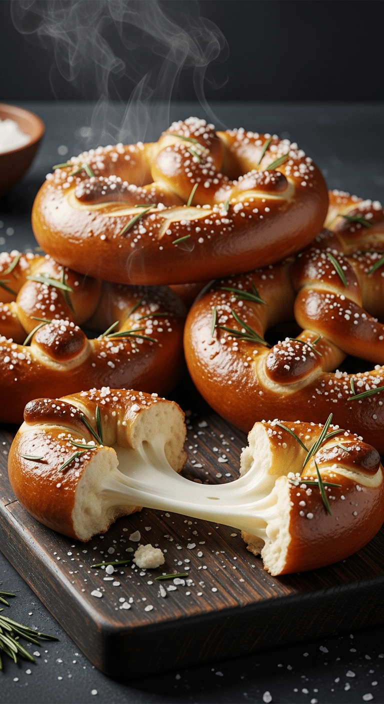 Golden brown soft pretzels topped with rosemary and parmesan, with one torn open to show a stretchy melted mozzarella cheese filling.