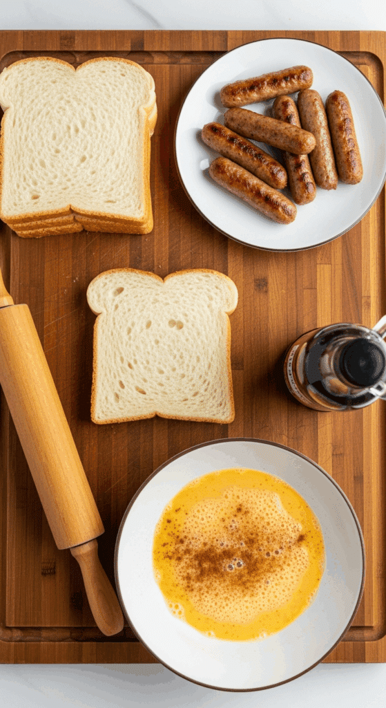 Overhead view of ingredients for sausage roll-ups: sandwich bread being flattened with a rolling pin, cooked sausage links, egg batter with cinnamon, and syrup.