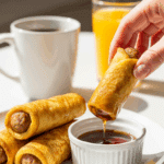 A hand dipping a sausage french toast roll-up into a small bowl of syrup on a breakfast table setting.