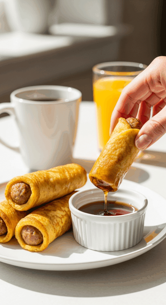 A hand dipping a sausage french toast roll-up into a small bowl of syrup on a breakfast table setting.