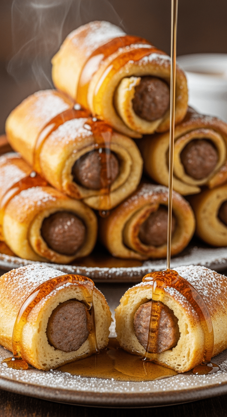 A stack of golden french toast roll-ups filled with sausage links, drizzled with maple syrup and dusted with powdered sugar, with one cut open to show the inside.
