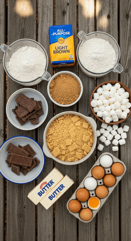 Ingredients for Smookies: graham crackers, marshmallows, chocolate, and cookie dough staples.