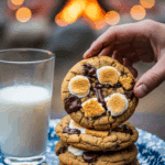 Stack of S'mores cookies on a tin plate with a campfire in the background.
