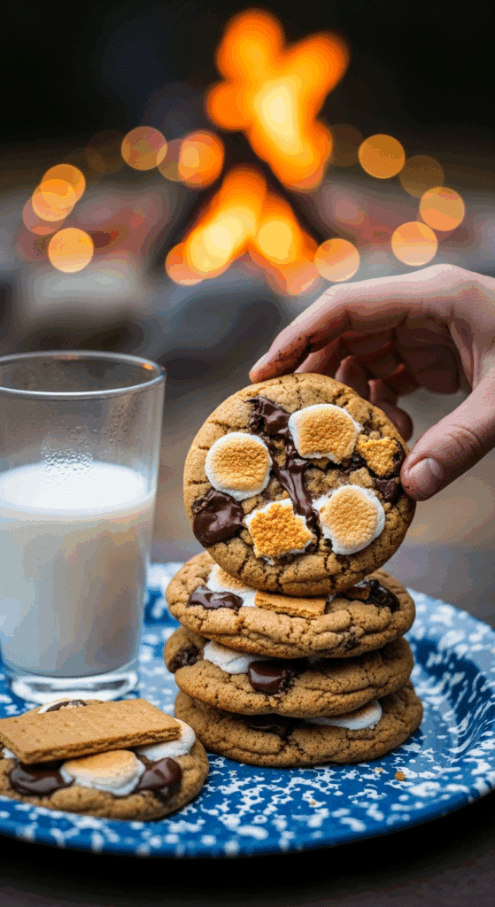 Stack of S'mores cookies on a tin plate with a campfire in the background.