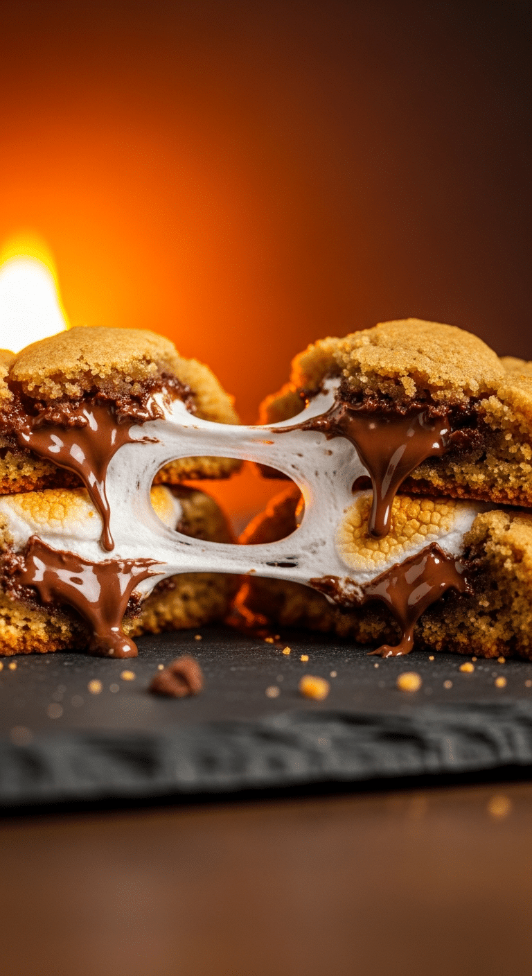 Warm Smookie broken in half showing gooey marshmallow pull and melted chocolate.