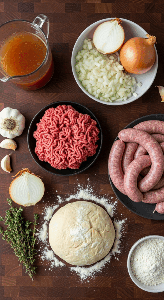 Overhead view of raw ingredients for a deep meat pie, including ground beef, sausage, pie dough, onions, herbs, and broth arranged on a wooden counter.