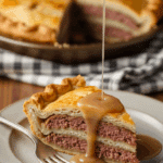 A slice of savory deep-dish hamburger and sausage pie covered in gravy, served on a rustic plate with a fork ready to eat.