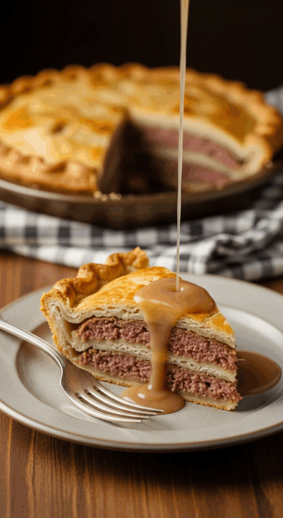 A slice of savory deep-dish hamburger and sausage pie covered in gravy, served on a rustic plate with a fork ready to eat.