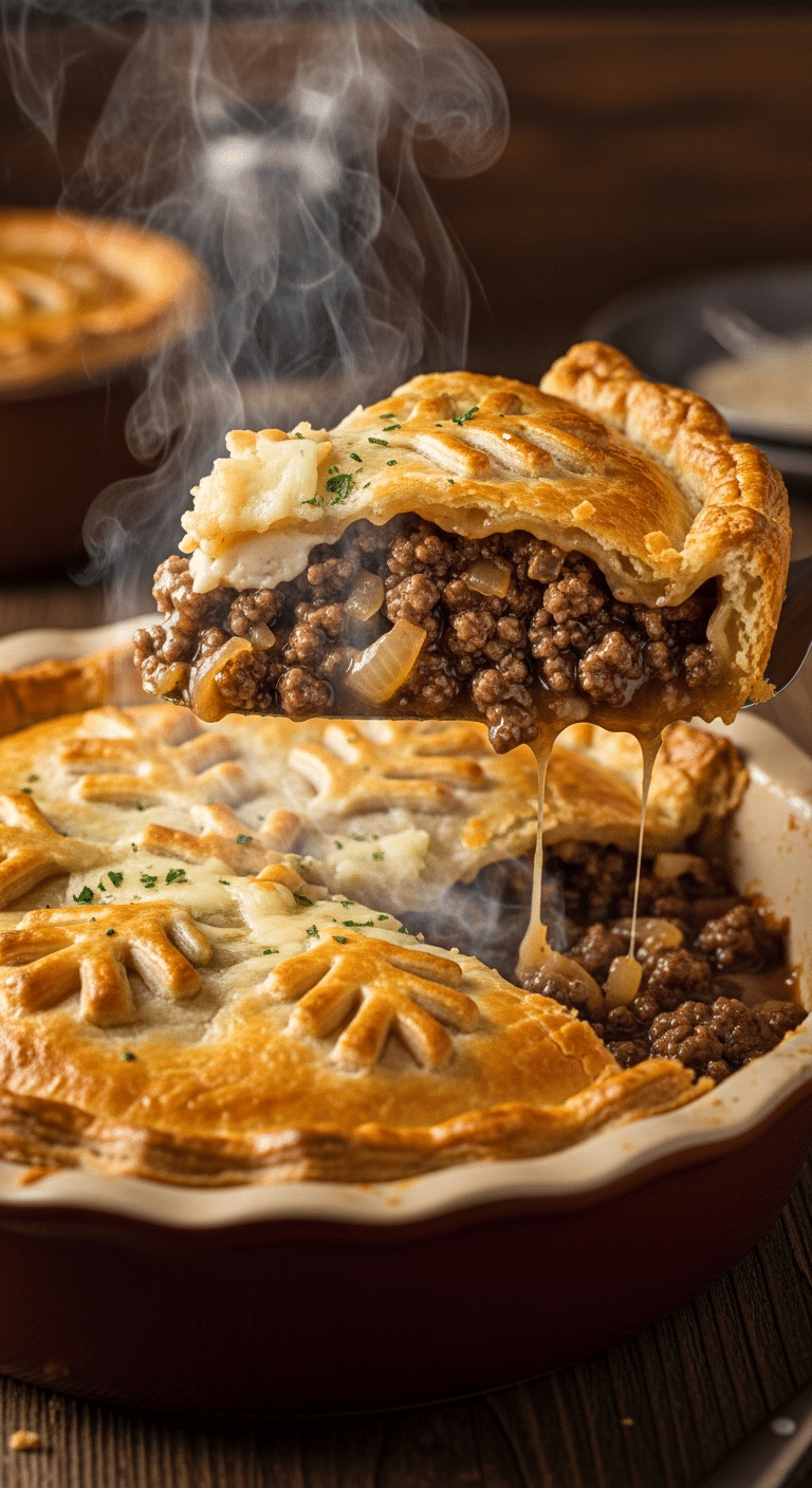 A deep-dish hamburger and sausage meat pie with a golden crust, with a slice being lifted to show the thick, savory meat filling and gravy.