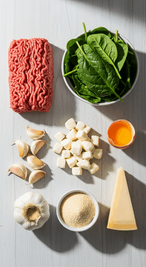 Ingredients for stuffed meatballs: ground meat, spinach, mozzarella cubes, garlic, and binders.