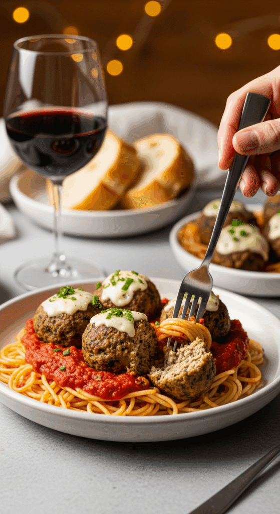 Plated spaghetti dinner with spinach mozzarella meatballs, red wine, and bread.