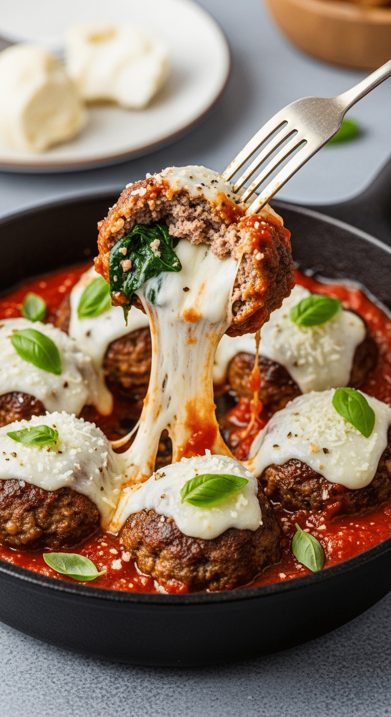 Juicy spinach and garlic meatball cut open to show melted mozzarella cheese pull, served in marinara sauce.