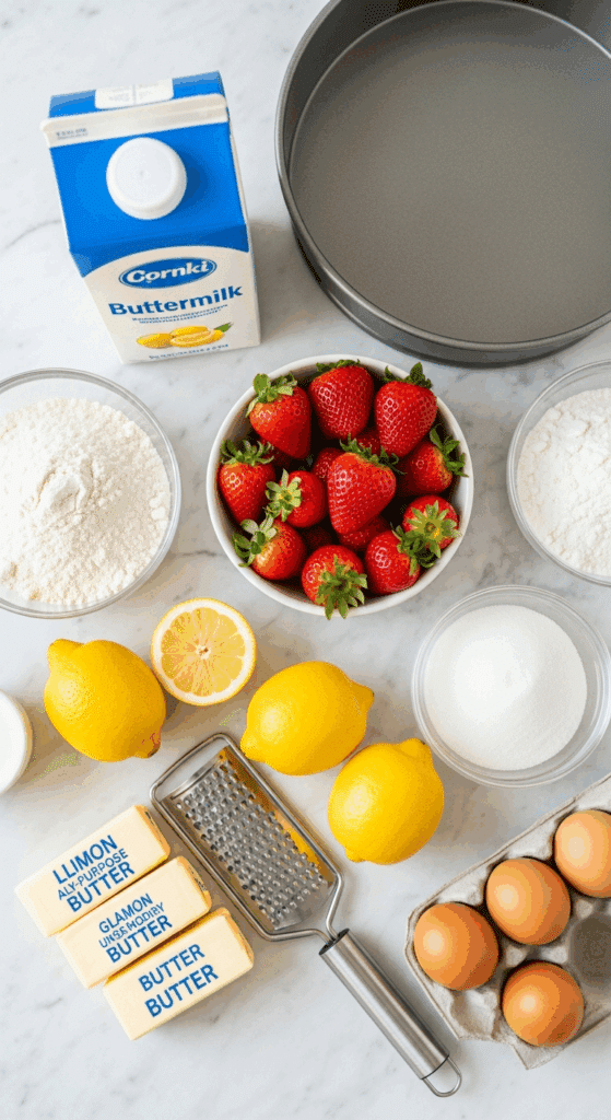 Ingredients for strawberry lemonade cake: buttermilk, lemons, strawberries, flour, and butter.