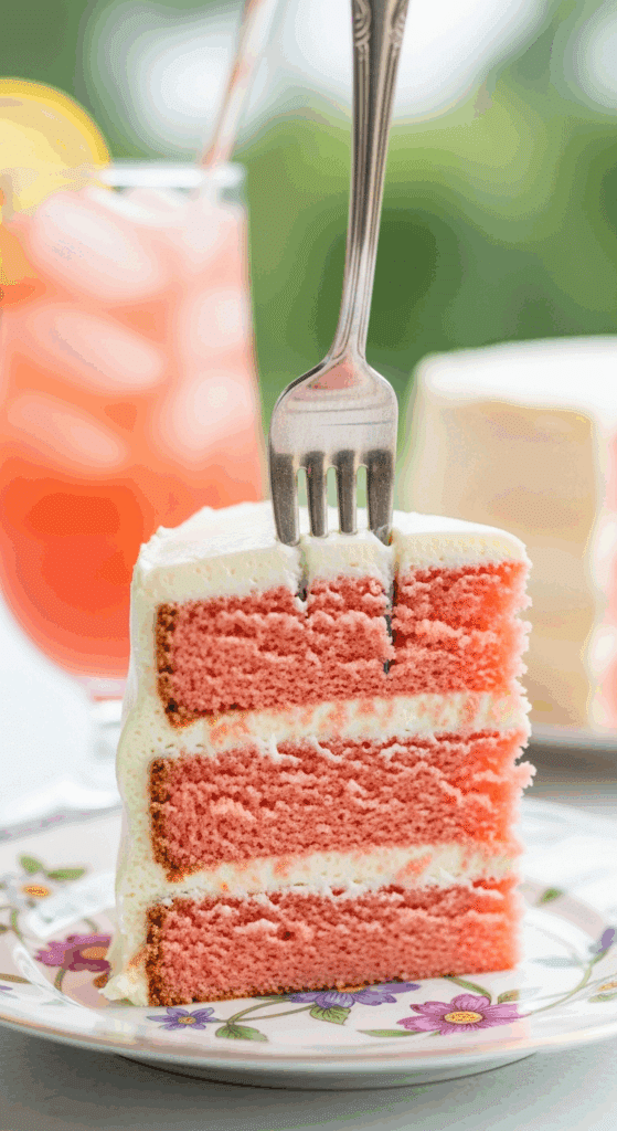 Slice of strawberry lemonade cake served on a plate with a glass of pink lemonade.