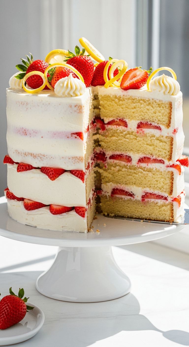 Sliced three-layer strawberry lemonade buttermilk cake showing distinct layers of lemon cake and strawberry filling.