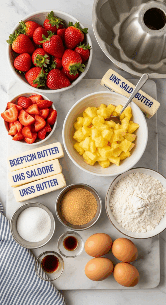 Ingredients for strawberry pineapple pound cake: fresh strawberries, pineapple, butter, sugar, flour, and eggs on a marble surface.