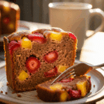 Slice of strawberry pineapple pound cake on a plate showing fruit pieces within the dense crumb.