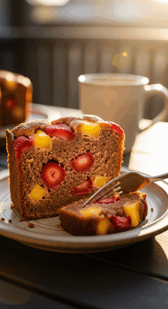 Slice of strawberry pineapple pound cake on a plate showing fruit pieces within the dense crumb.