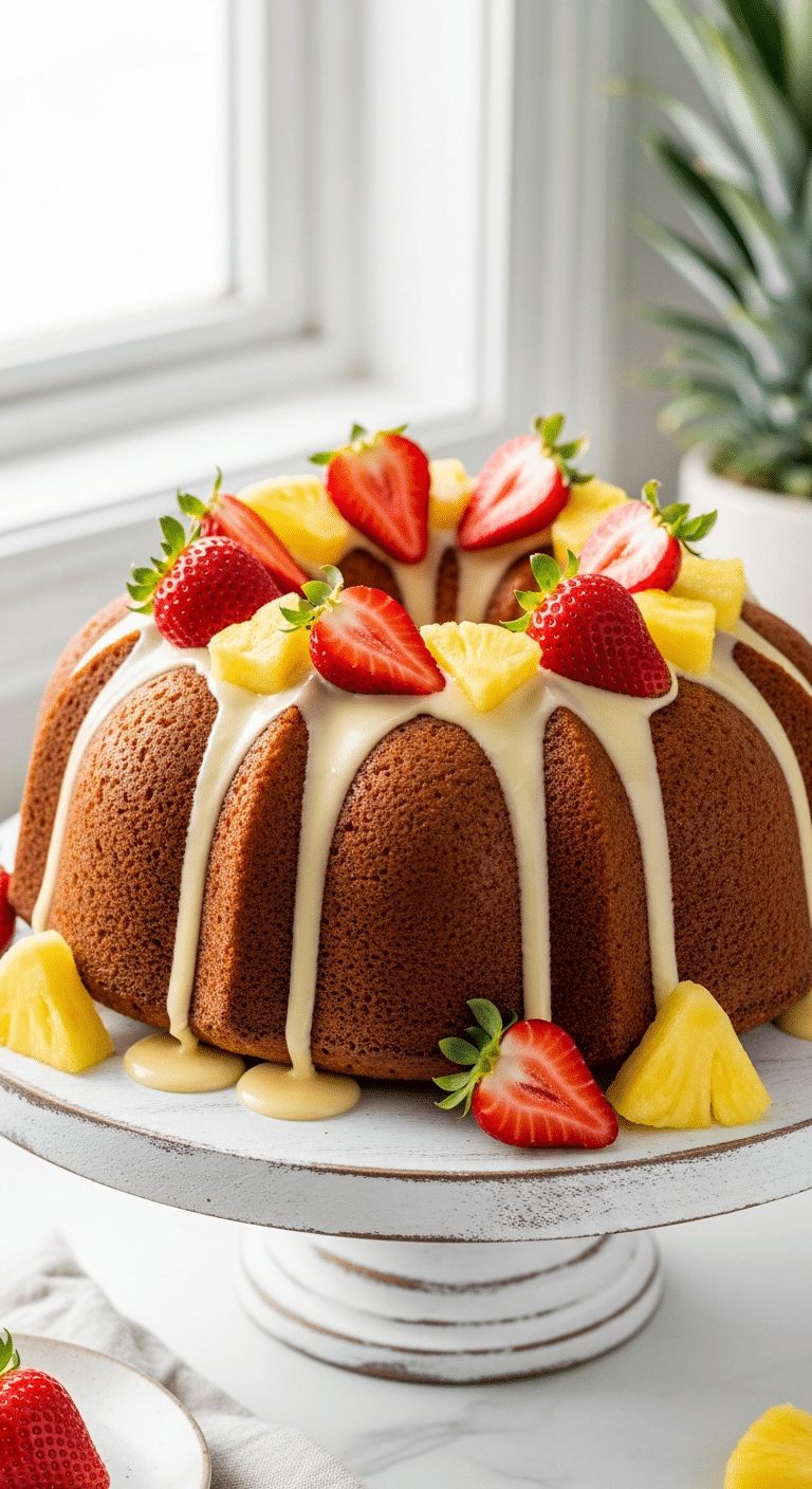 Golden Bundt pan strawberry pineapple pound cake with a dripping glaze and fresh fruit garnish on a cake stand.