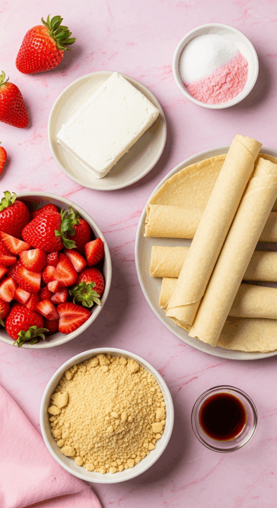 Ingredients for Strawberry Cheesecake Rolls arranged on a pink surface, including strawberries, cream cheese, wrappers, and cookie crumbs.